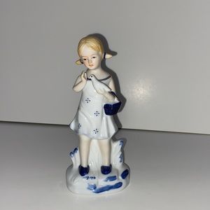 Vintage Porcelain blue and white figurine girl with Bird made in korea